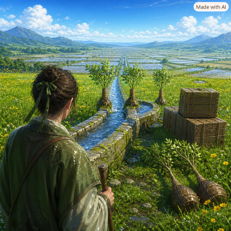 Korea sovereign AI, three saplings grafted to an irrigation channel feeding thousands of field basins