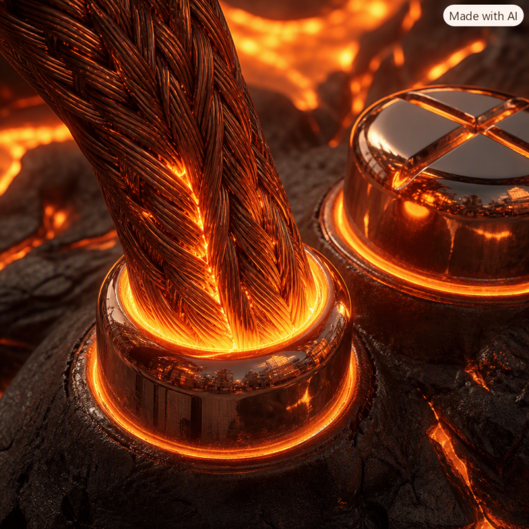 Copper power cable seated into molten basalt socket, evoking Malaysia AI factories and power constraints