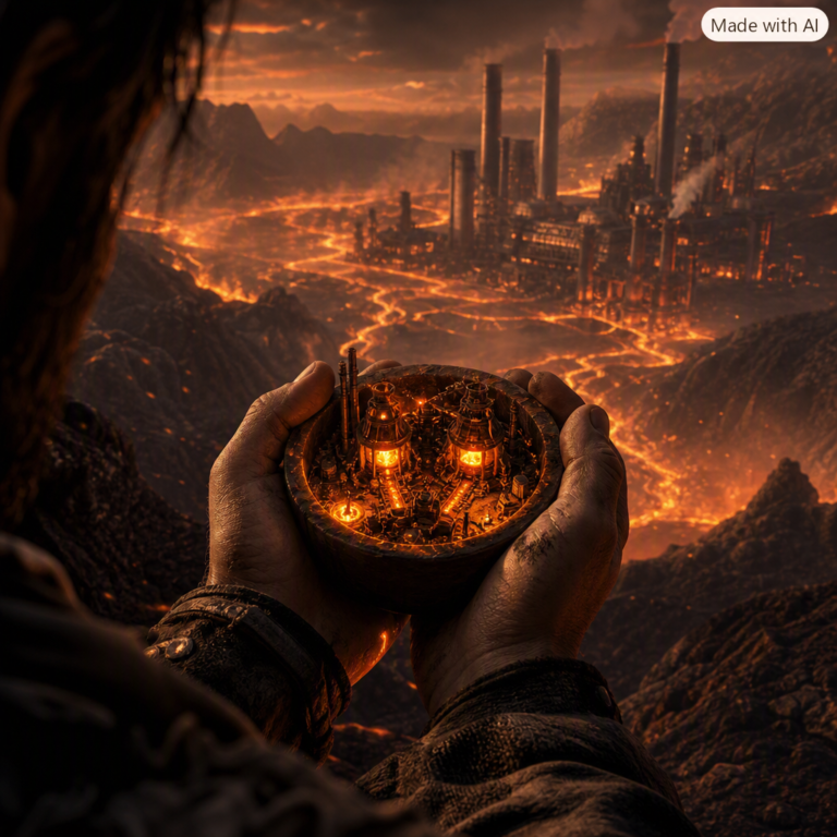Dimensity 9600 Pro on-device AI: cupped hands holding a thumb-sized crucible running a whole foundry in miniature