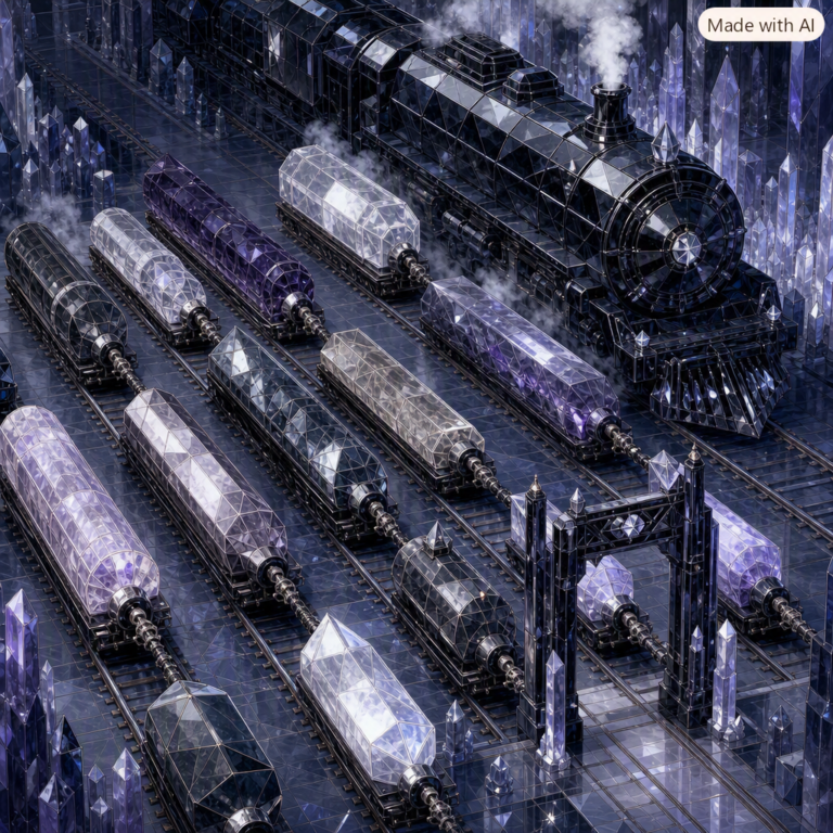 MediaTek AI chips: crystal rail yard where varied carriages take one identical coupling head to join a single locomotive