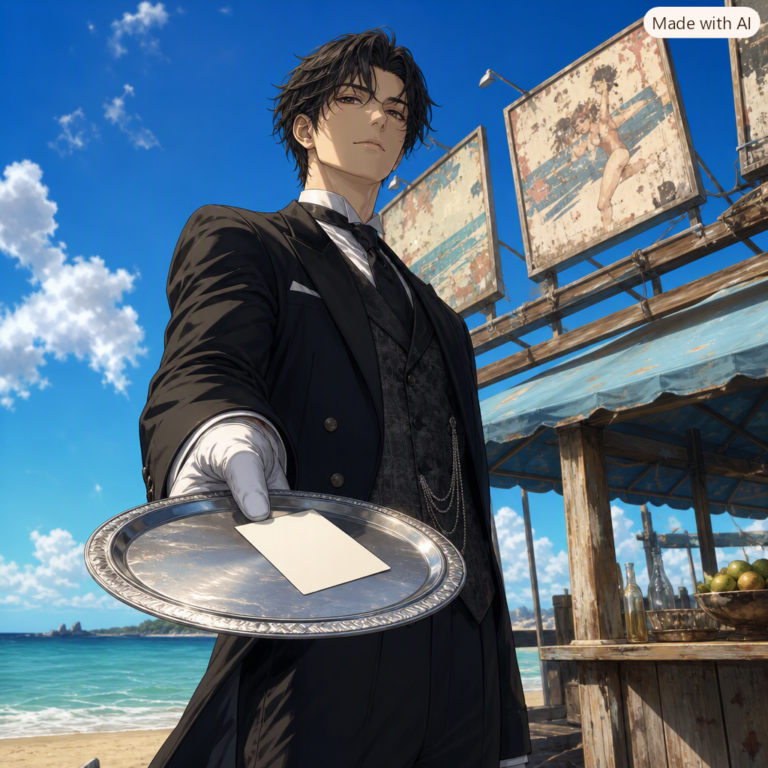 Meta Muse AI agent: uniformed butler offering a silver tray at a sunny beachside market stall