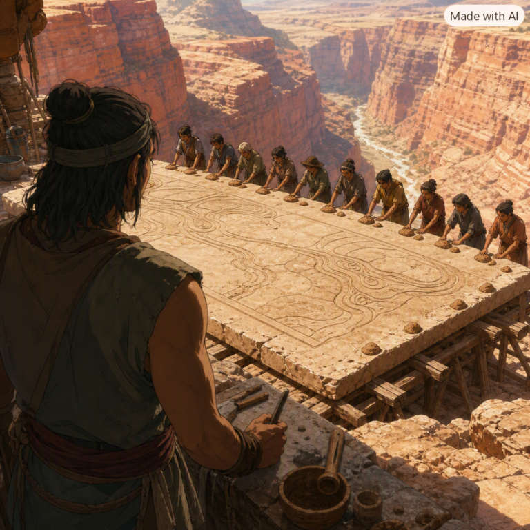 Microsoft AI Code of Conduct: mason watching visitors press clay marks into a carved stone tablet at a canyon workshop