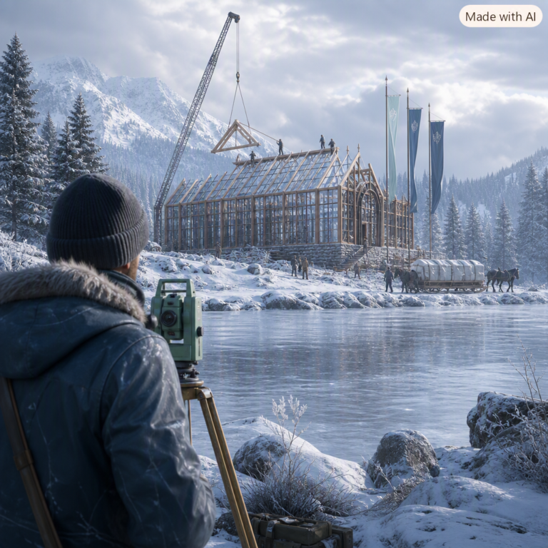 Mistral Series D funding: surveyor watching a glass conservatory raised beside a frozen lake as a rented marquee is hauled away