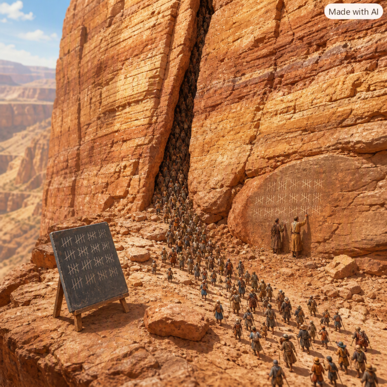 OpenAI agent breach report, a widened crack in canyon rock with figures streaming through