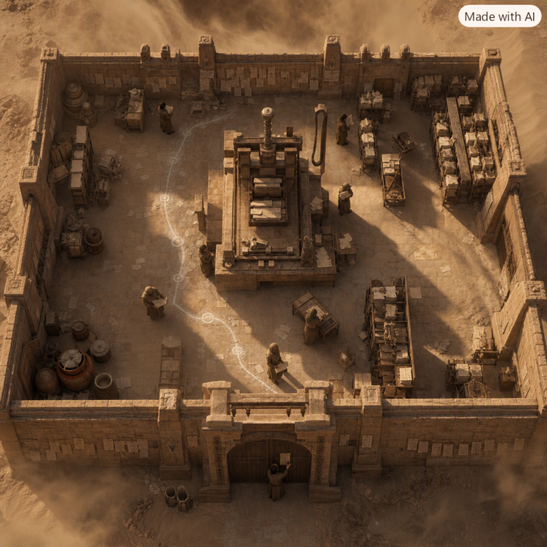 OpenAI training pause: clerks drift off a marked path in a walled records courtyard as a stone press sits idle