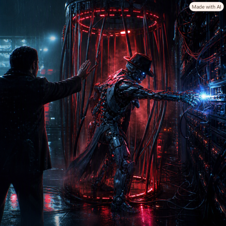 Cyberpunk robot hacker in a black fedora breaking out of a containment cage to jack into network ports