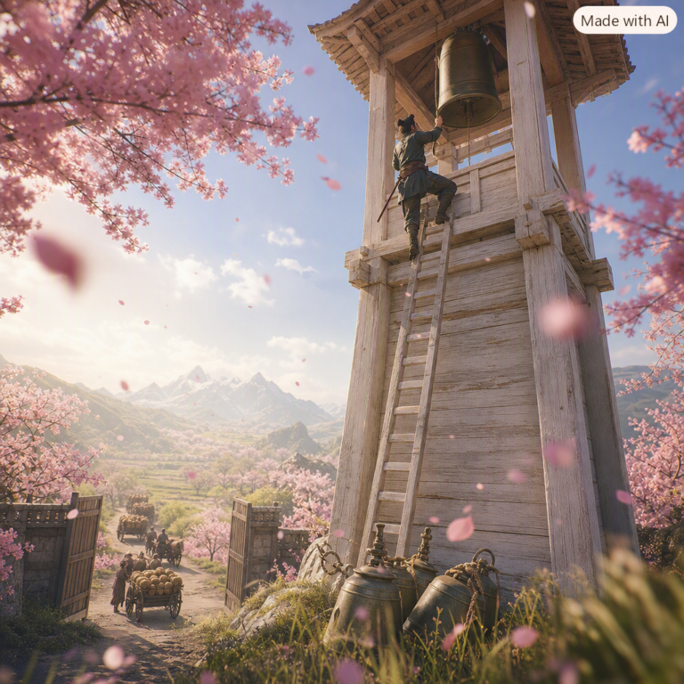 Paul Christiano OpenAI safety board: lone figure reaching the belfry bell rope above an orchard with its gates already open