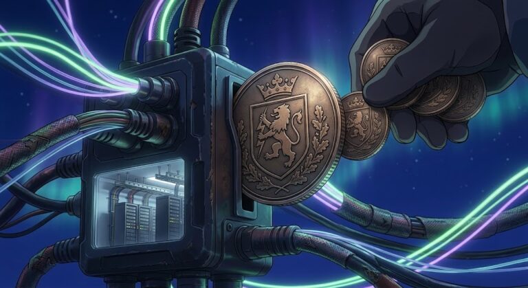 Samsung Helix investment: six crested coins slotted into a glowing power and fiber junction box under an aurora