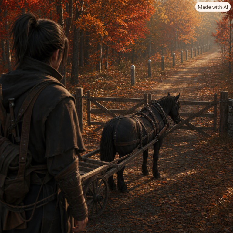 Atria Dawn Preview open release shown as a harnessed workhorse left free at an open crossroads gate