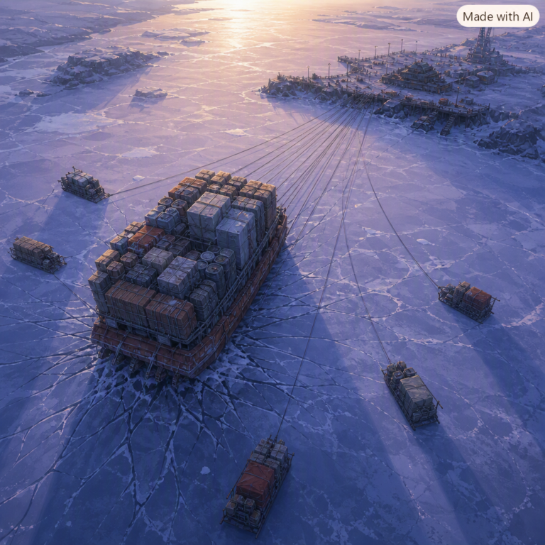 SoftBank shares fall: overloaded cargo sled tethered to an ice pier as cracks spread across a frozen harbour