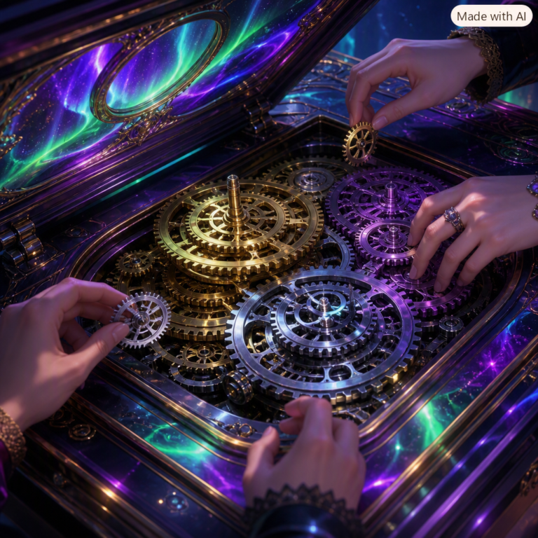 Tencent WorkBuddy open platform: outside hands adding gears to the opened clockwork of a lacquered writing desk