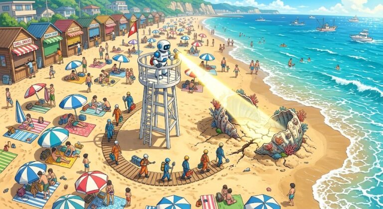 Robot lifeguard beam on cracked shell vaults as a beach shuts down, PHP vulnerabilities found by AI
