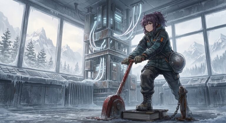 AI killswitch: an operator pulling a giant red emergency brake lever in a snowy mountain control station