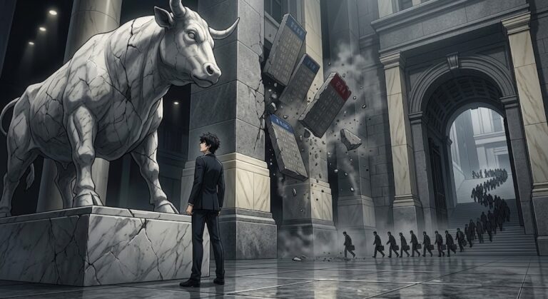 AI stock selloff: trader beneath a cracked marble bull as stone price boards fall in a granite exchange plaza