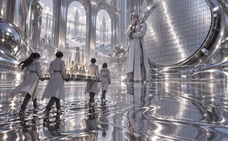 Researchers carrying a glowing 3D city model to a giant engineer beside a silver wafer, AMD World Labs