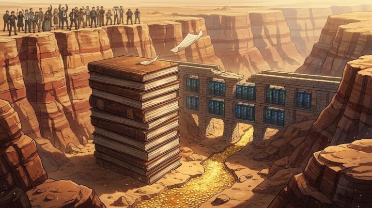 Stack of ledgers in a desert canyon with a server-rack aqueduct and a river of gold coins, Anthropic IPO filing metaphor