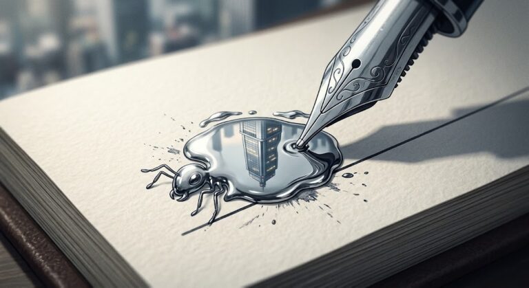 Fountain pen signing a registration document, silver ink pooling into an ant, an Anthropic S-1 metaphor