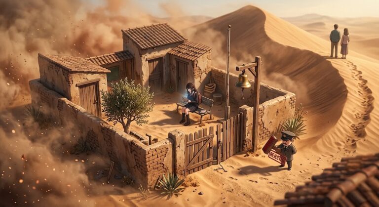 ChatGPT for Teens safety gaps: teen at a tablet behind an open gate in a desert schoolyard