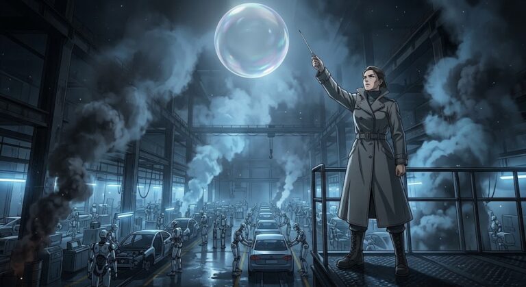 China AI bubble warning as an inspector raises a needle toward a bubble over a humanoid robot factory