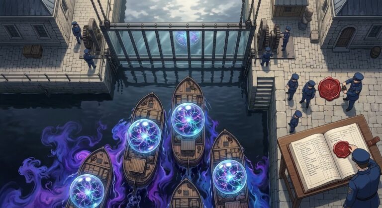 Inspectors lowering a canal gate in front of barges carrying glowing model spheres, China AI export controls