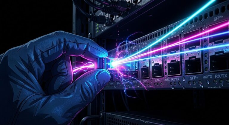 Optical transceiver plug lighting up a Cisco Silicon One switch port in magenta and cyan