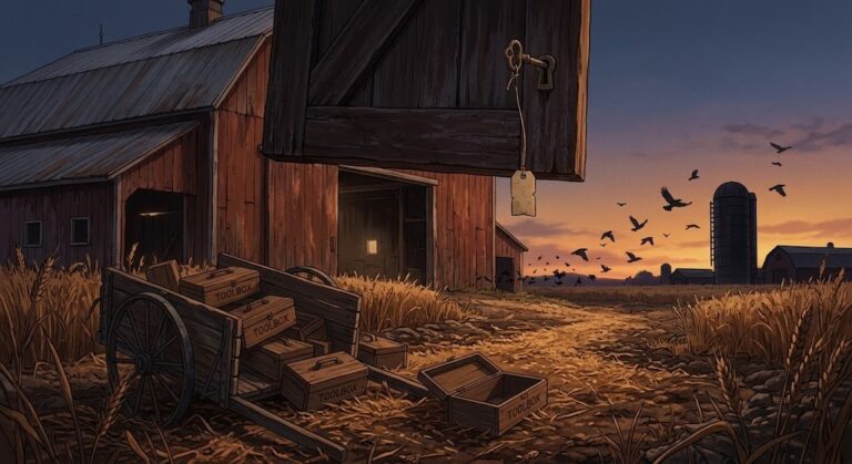 Claude Code extension backdoor: an open barn back door with a stranger's key in the lock beside a cart of identical toolboxes at dusk