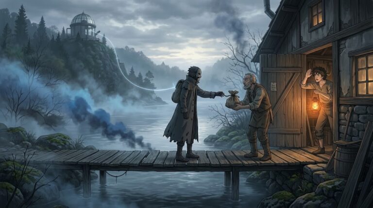 Masked figure offers a bundle to wary craftsmen on a misty bridge, a Claude Mythos 5 AISI incident metaphor