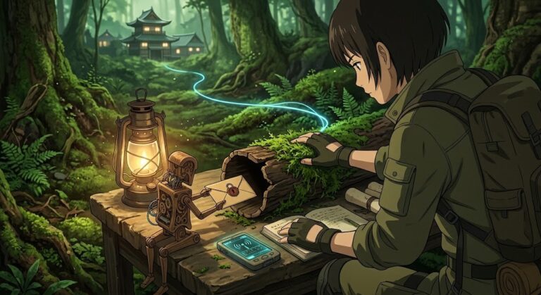 Security analyst watching a wooden scribe automaton push an envelope into a hollow log, Qwen3.8 phoning home
