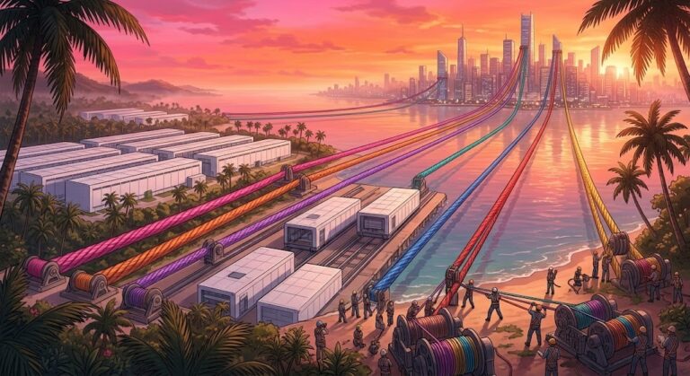 DayOne Johor data center campus tied by seven silk ropes across a strait at tropical sunset