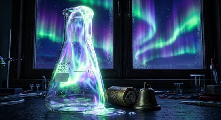 Overflowing glass flask under an aurora with a battery cell and bell, DeepSeek funding round doubled