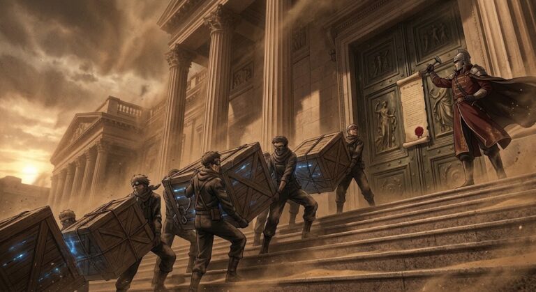 Workers haul glowing server crates out of a federal building in a sandstorm as a guard posts the DeepSeek ban notice