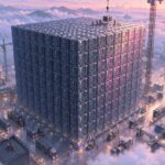 Foxconn revenue: a colossal cube of server racks towers over a factory yard at dawn