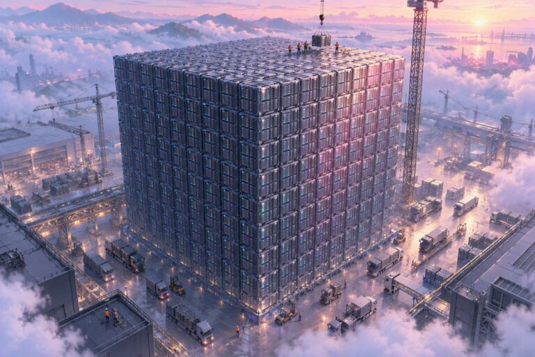 Foxconn revenue: a colossal cube of server racks towers over a factory yard at dawn
