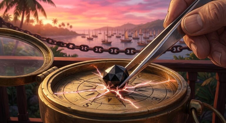 Gemini 4 Carbon: tweezers set a black carbon crystal into a cracked ship compass as sailboats wait beyond a harbor chain
