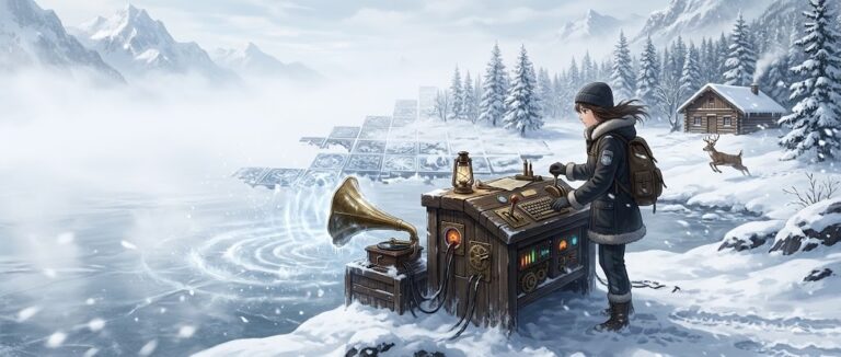 Genie 4 world model: explorer at a console on a frozen lakeshore as a snowy world materializes from fog