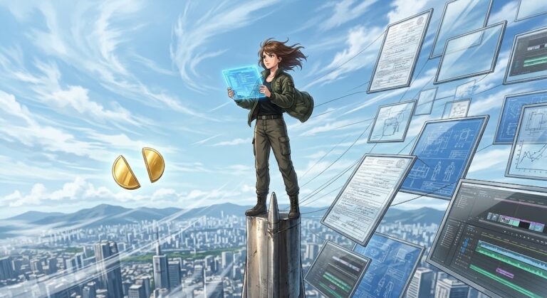 Woman in a flight jacket on a skyscraper spire as glass screens of forms and blueprints stream past, GPT-6.1 Terra computer use