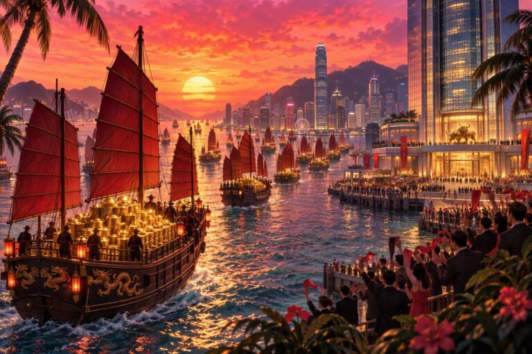 Junk boats loaded with gold coins sailing toward a harbor exchange tower, Hong Kong AI fundraising