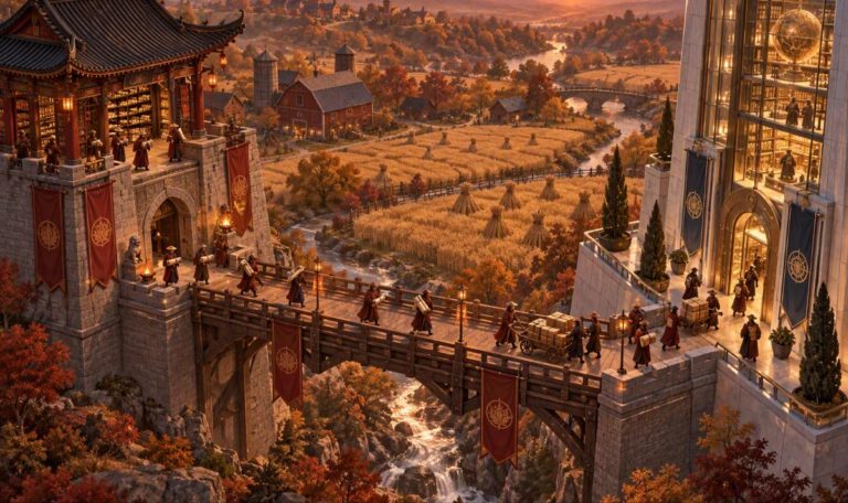 Huawei Qualcomm patent deal: couriers carry scrolls across a bridge between a pagoda archive and a glass tower