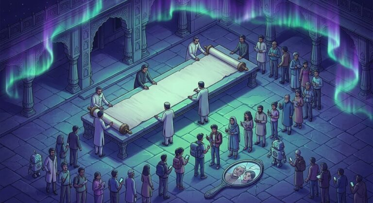 India AI regulation: officials unroll a blank consultation scroll as citizens and small robots queue to write on it