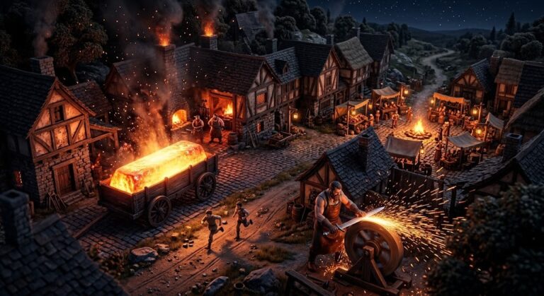 Miniature forge village wheeling out a glowing ingot, a Kimi K3.1 Pro open weights metaphor