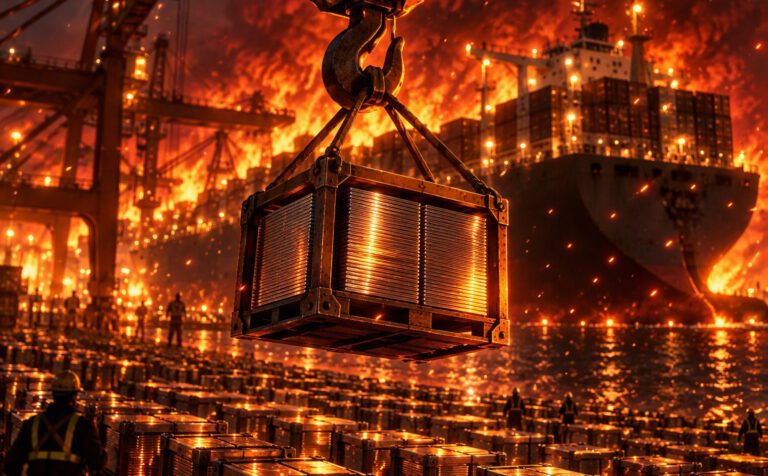 Crane lifting a glowing crate of stacked chips over a crowded night dock, Korea chip exports