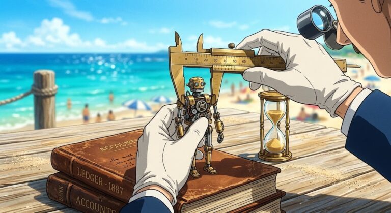MAS AI risk guidelines: bank inspector measuring a tiny clockwork robot on bank ledgers with calipers and a loupe