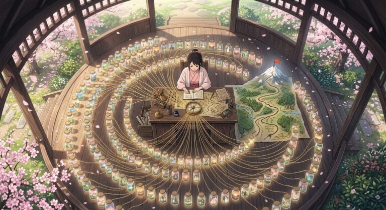 Meta Muse Wonder memory jars spiral around a woman at a desk in a cherry blossom garden pavilion