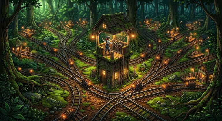 Microsoft Decision-1: a tiny signal operator routing glowing mine carts across a mossy forest switchyard