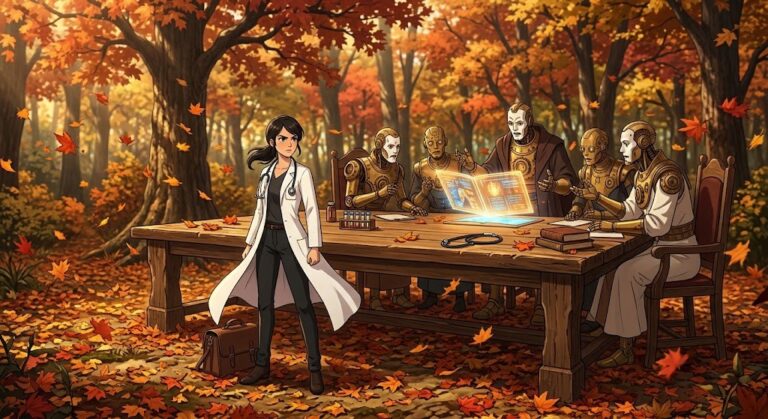 Automaton doctors debate a glowing chart as a physician looks on, a Microsoft MAI-DxO metaphor