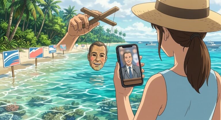 AI deepfakes in the midterms: a voter watches a candidate video while hidden hands pull the strings