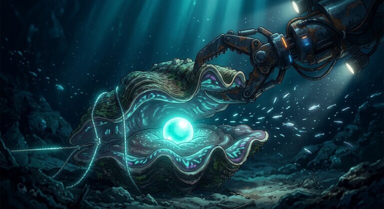 Nvidia Reflection AI talks: a deep-sea robotic claw closing around a glowing pearl in an open clam
