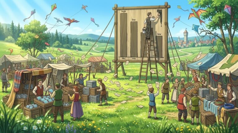 OpenAI revenue correction: accountant repainting a giant bar chart as AI stock prices tumble at a meadow fair