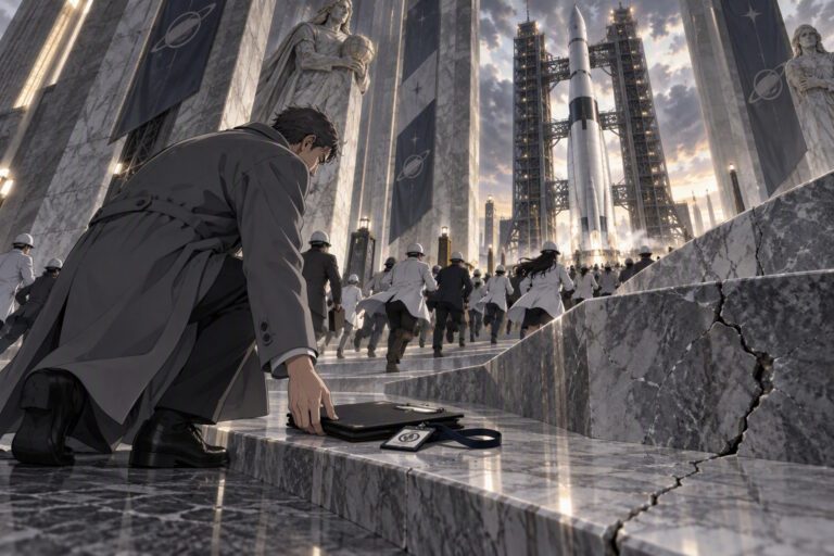 OpenAI safety leader resignation: an inspector lays down his badge at a marble launch gantry as engineers sprint past