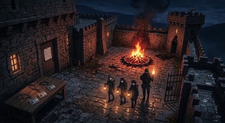 OpenAI safety researchers escorted out of a fortified lab courtyard at night, badges left on a table